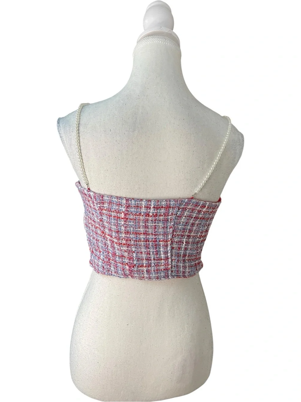 Zara Tweed Corset Crop Top with Pearl Straps Red Blue